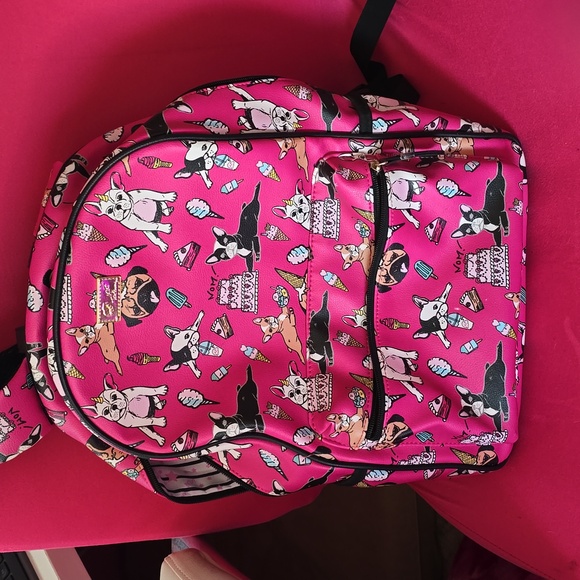 Betsey Johnson French Bulldog Party Backpack Fuschia/Multi Faux Leather Frenchie - Picture 1 of 3